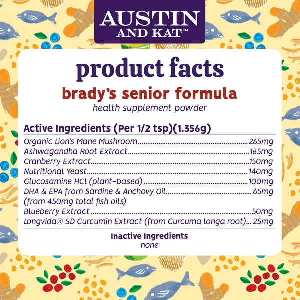 Austin and Kat Senior Support Health Supplement Powder for Dogs Product Facts, Ingredients, Dosage