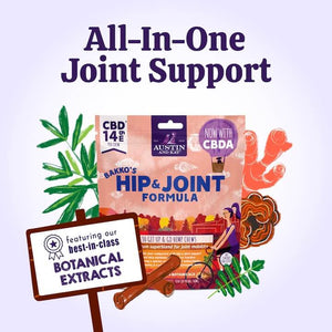 Austin and Kat Hip and Joint Support CBD Soft Chew combines best in class botanical extracts with minimally processed whole plant hemp extract, rich in CBD + CBDA, for all-in-one joint support.