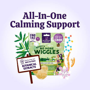 Austin and Kat CBD Soft Chew for anxious dogs combines best in class botanical extracts with minimally processed whole plant hemp extract, rich in CBD + CBDA, for all-in-one calming support.