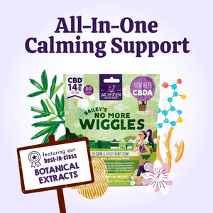 Austin and Kat CBD Soft Chew for anxious dogs combines best in class botanical extracts with minimally processed whole plant hemp extract, rich in CBD + CBDA, for all-in-one calming support.