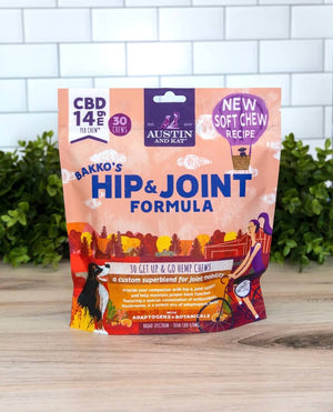 Austin and Kat's Hip and Joint CBD Soft Chew for Dogs - A tailored formula for hip, joint, and back support. Incorporating a blend of mobility-enhancing ingredients, including sustainably sourced reishi mushroom, glucosamine, and antioxidant-rich botanicals, harmonizing with our new BLEND#4 whole plant hemp extract with CBD+CBDA to keep your pup mobile.
