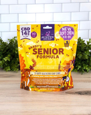 Austin and Kat's Senior Dog CBD Chew - Tailored for Dogs 6 and Older. A special formula featuring immune, cognition, and circulation support through handpicked botanicals like sustainably sourced ginkgo biloba, cordyceps mushroom superblend, and curcumin, all in harmony with our new BLEND#4 whole plant hemp extract with CBD+CBDA.