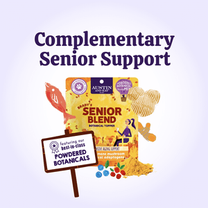 Austin and Kat Senior Dog support meal powder combines best in class botanical powders for complementary senior support.