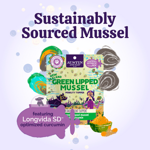 Austin and Kat mobility support supplement botanical powder for dogs and cats sustainably sourced mussel with longvida optimized curcumin.