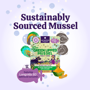 Austin and Kat mobility support supplement botanical powder for dogs and cats sustainably sourced mussel with longvida optimized curcumin.