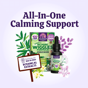 Austin and Kat CBD oil for anxious dogs combines best in class botanical extracts with minimally processed whole plant hemp extract, rich in CBD + CBDA, for all-in-one calming support.